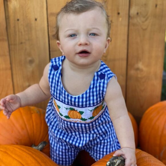 Baby Boy Blue Gingham Embroidered Pumpkin Smocked Shortalls Thanksgiving - Picture 2 of 6